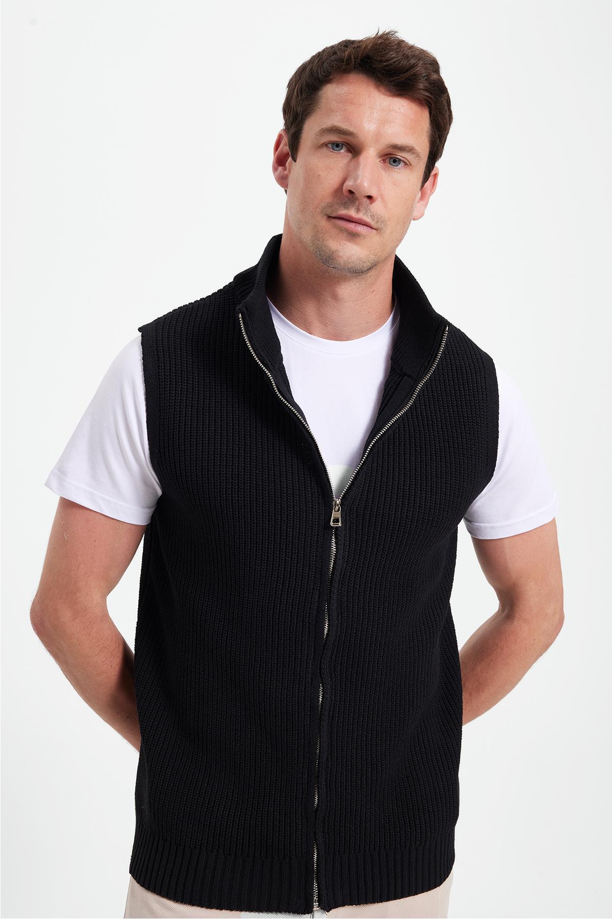 Tudors  Erkek Standart Fit Normal Kesim Fermuarlı Dik Yaka Sıcak Tutan Siyah Triko Yelek - Görsel 9