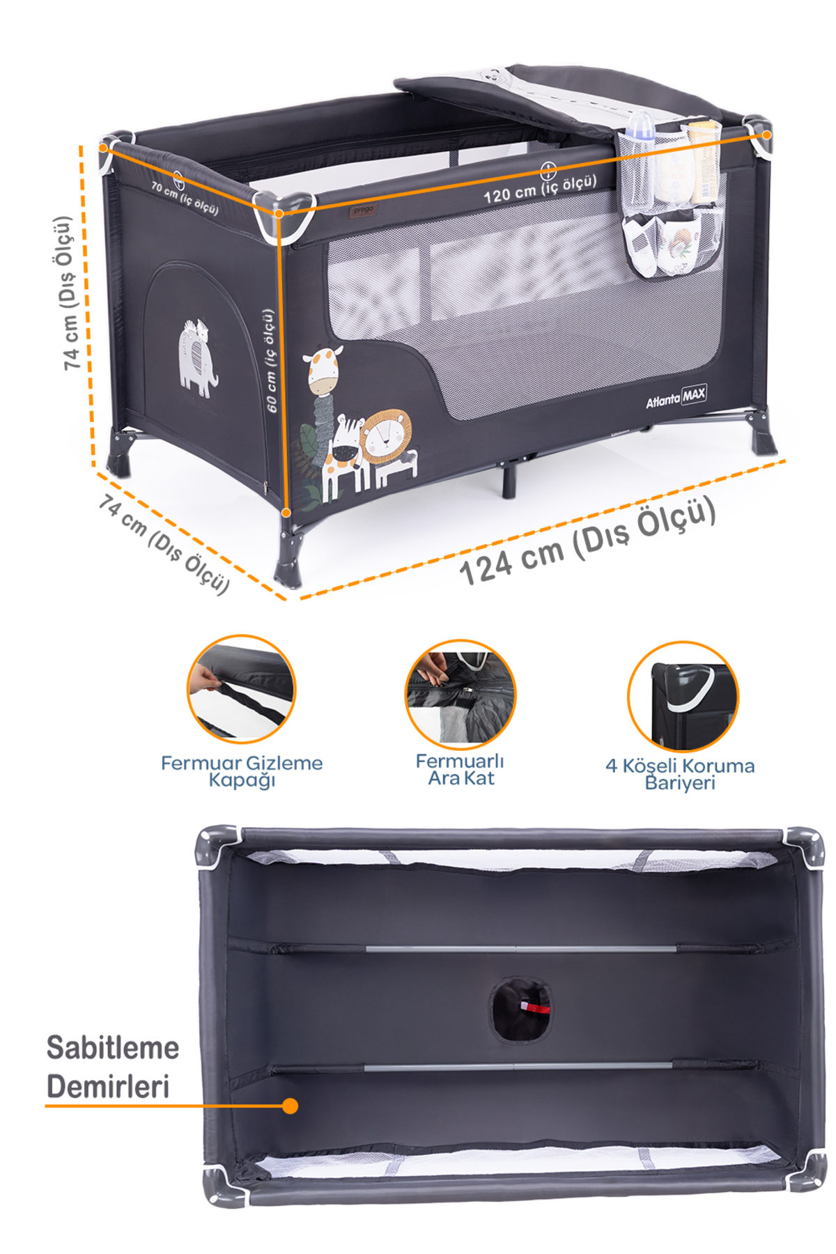 Prego Atlanta Max Alt Açma Üniteli Park Yatak Oyun Parkı Beşik 70*120 Cm Yatak fotoğrafı 6 (önizleme)