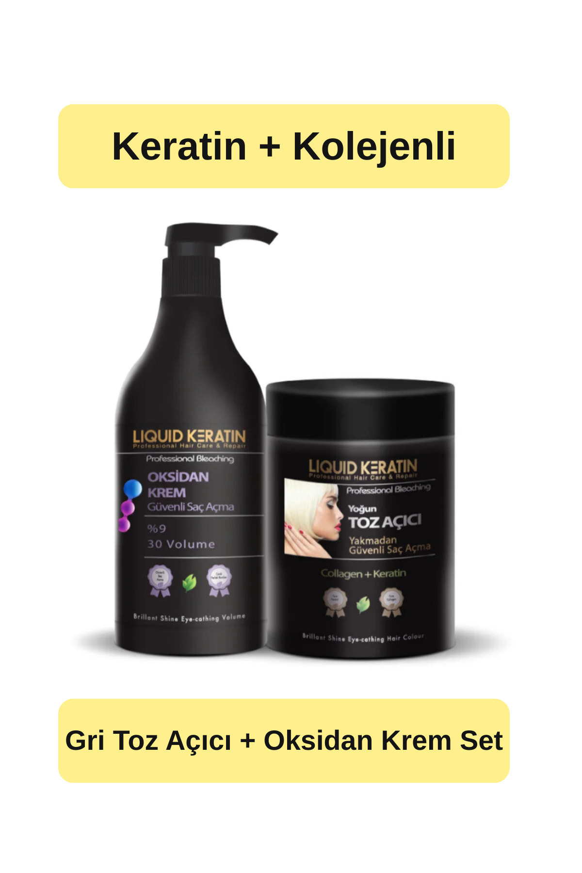 Liquid Keratin Keratinli Gri Toz Açıcı Ve Oksidan Kremli Set (YAKMADAN EVDE KOLAY SAÇ RENGİ AÇMA) 1000ml Kuaför Boy — EKST0047