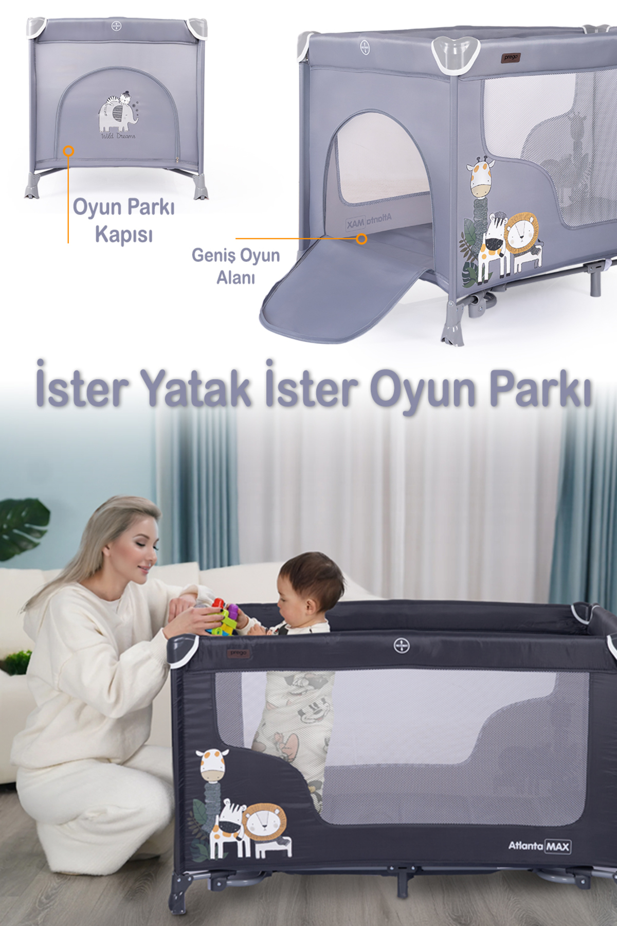 Prego Atlanta Park Yatak Oyun Parkı 70x120 cm - Sallanır Katlanabilir Beşik + Yatak Hediyeli fotoğrafı 5 (önizleme)