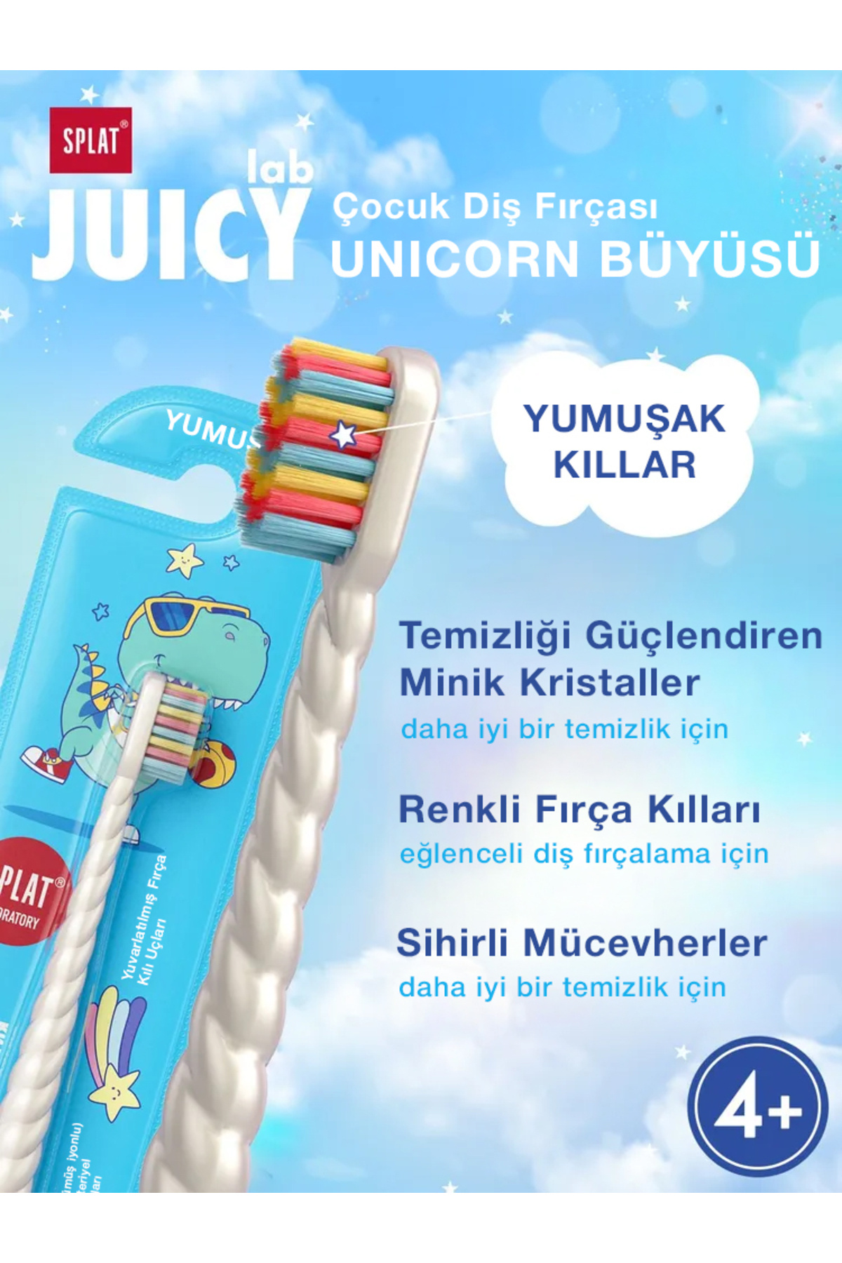 Splat Juicy Lab Unicorn Gümüş İyonlu Yumuşak Çocuk Diş Fırçası 4+ Yaş fotoğrafı 7 (önizleme)