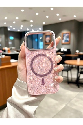 İtarz iPhone 17 ProMax Uyumlu, Pembe, MagSafe Özellikli Premium Simli Taşlı P...