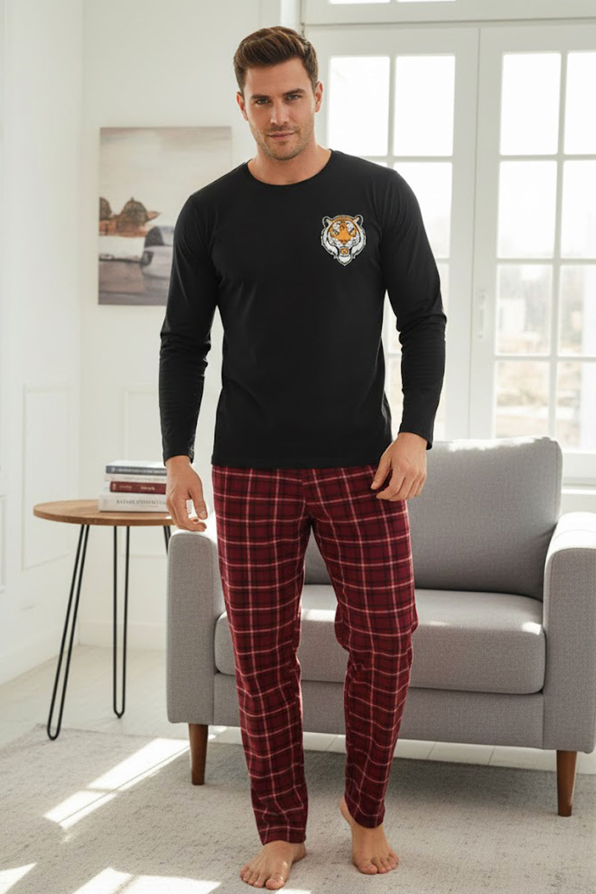 Siyah İnci ERKEK siyah bordo ekose Kaplan Baskılı Örme Pijama Takım 7959 görsel 2