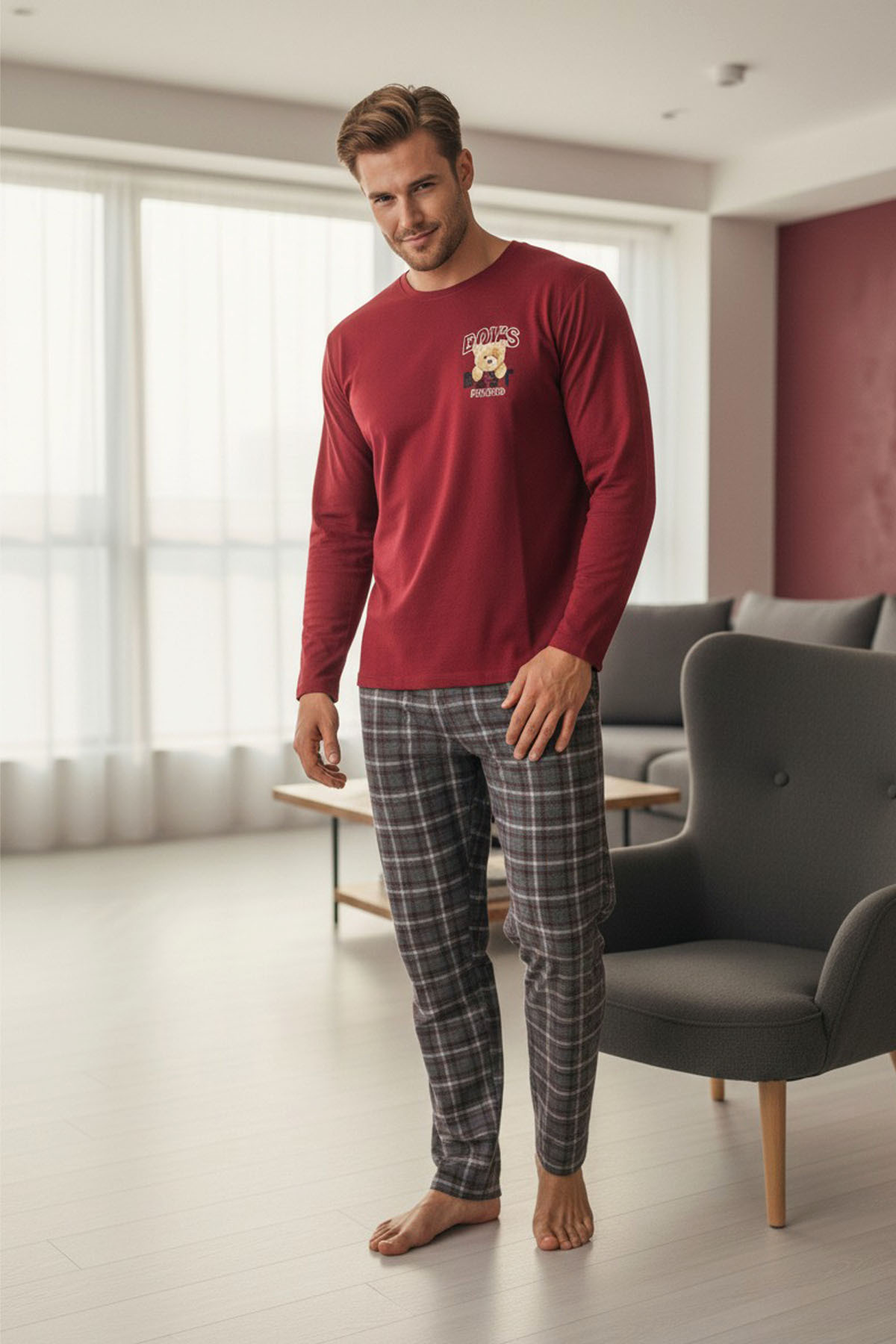 Siyah İnci  ERKEK bordo antrasit ekose Ayıcık Baskılı Örme Pijama Takım 7959 - Görsel 2