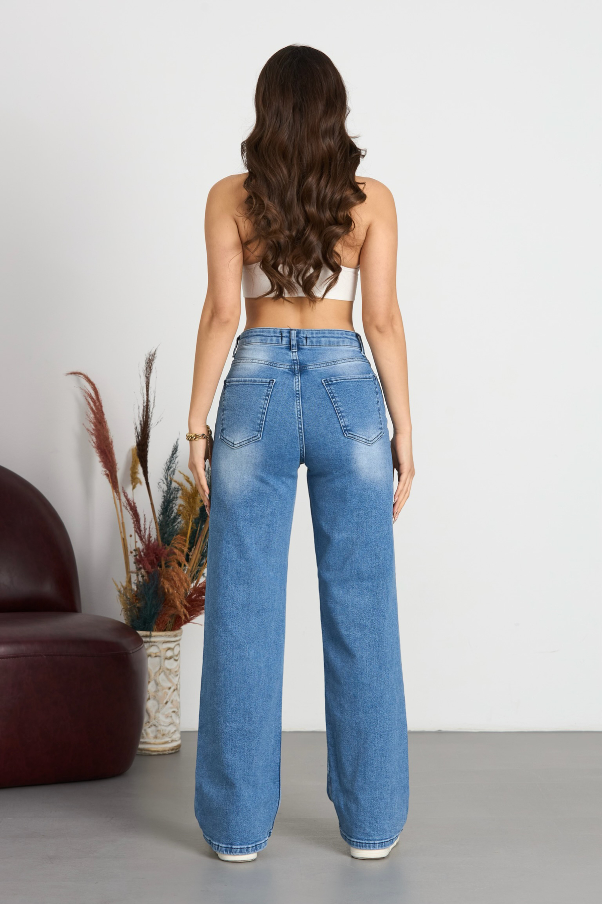 Kadın Soluk Efekt Vintage Yüksek Bel Wide Leg Jeans Mavi Efektli 5
