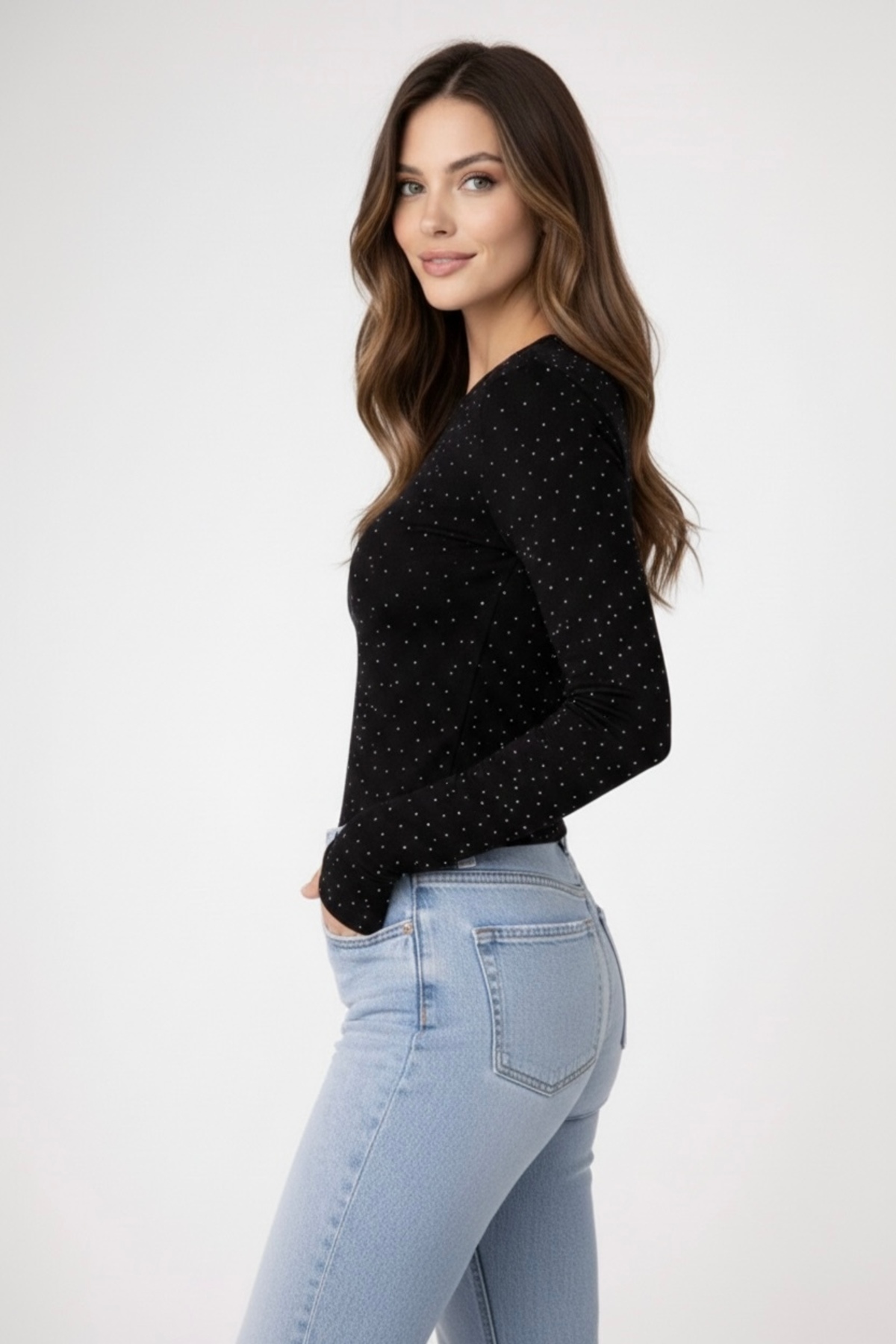 BANEGA  Kadın Taş İşlemeli Parmak Detaylı Esnek Modal Kumaş Siyah Bluz - Görsel 2