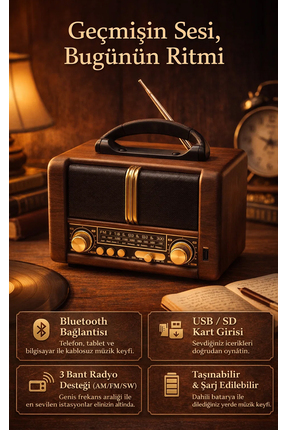 FaroxTech Nostaljik Ahşap Görünümlü Bluetooth Radyo - USB/SD Kart Girişli Şar...