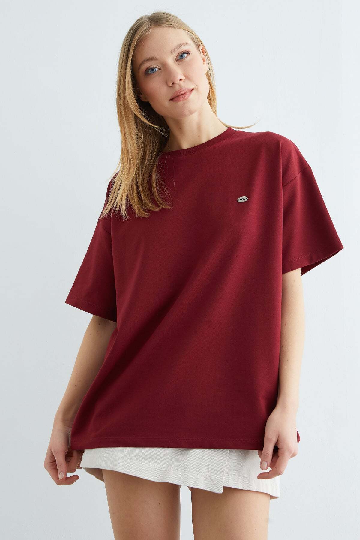 Fullamoda  Fiyonk Aksesuarlı Bisiklet Yaka Oversize Tişört - Görsel 7