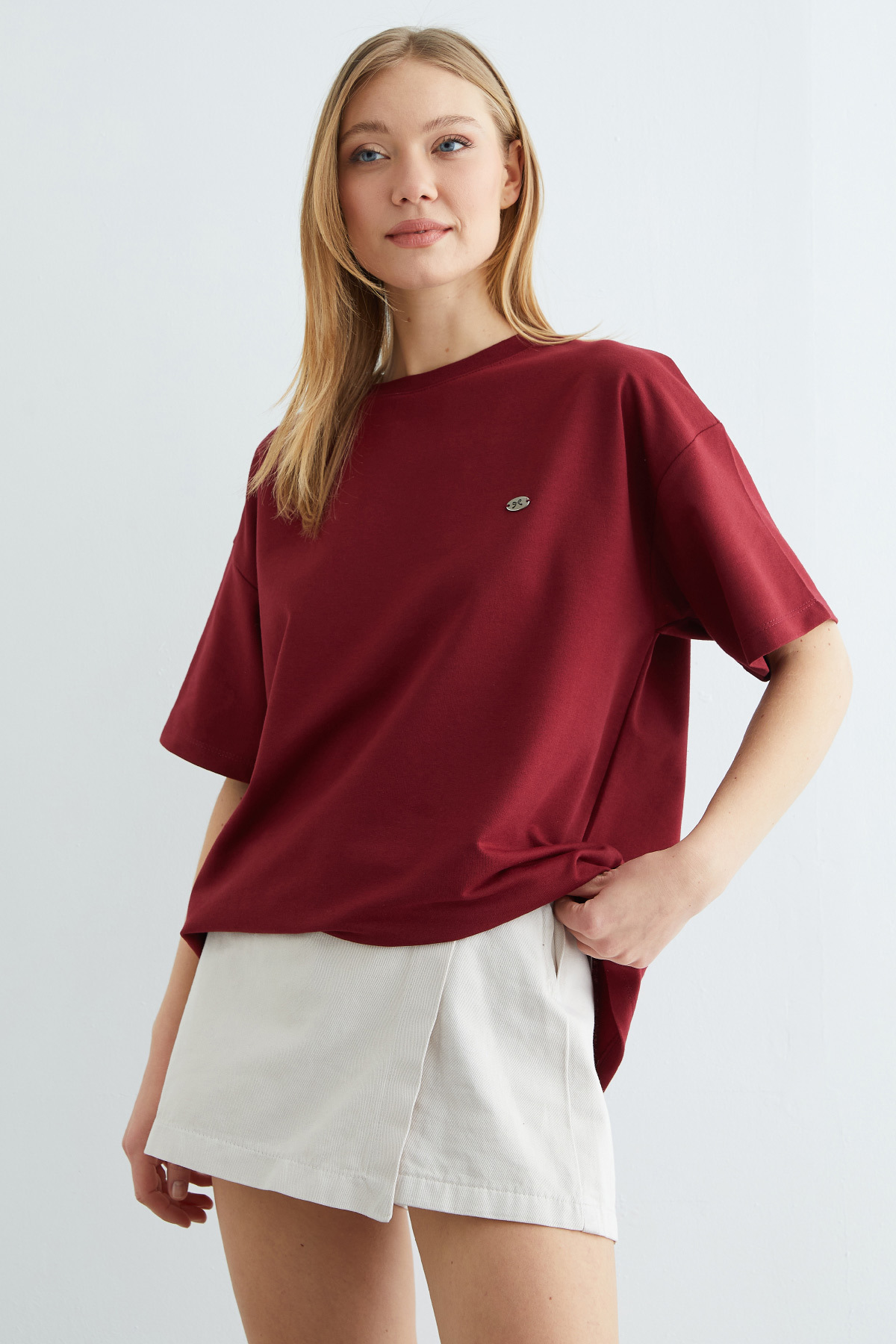 Fullamoda  Fiyonk Aksesuarlı Bisiklet Yaka Oversize Tişört - Görsel 6