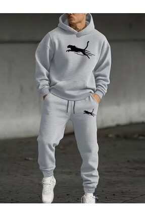 LELVANİ erkek kaplan baskılı kapşonlu eşofman takımı