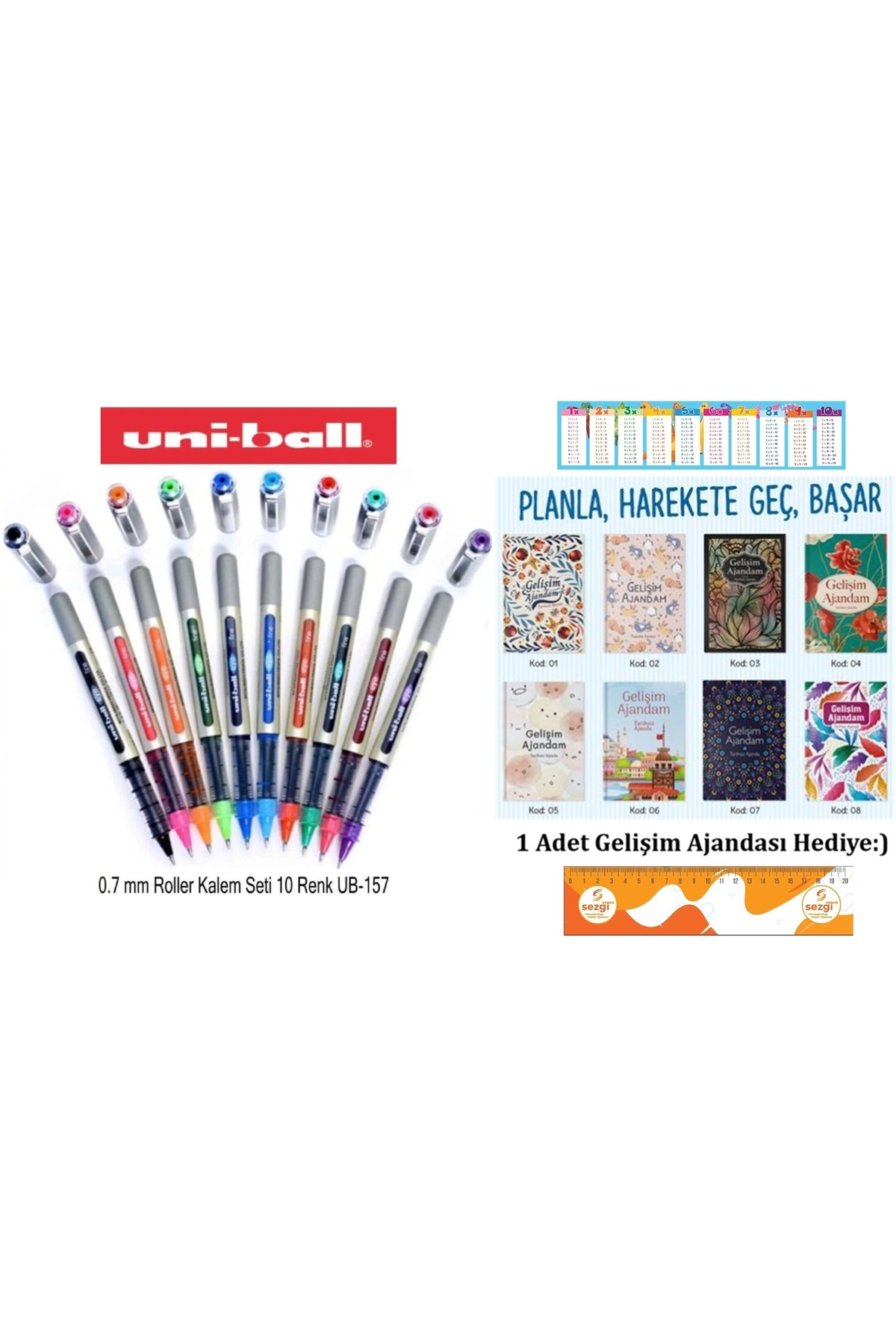 UNİ-BALL Uniball Eye Fine 0.7 Mm Roller Kalem Seti 10 Adet Ub-157 ve 8 Çeşitten 1 Adet Hediye Ajanda