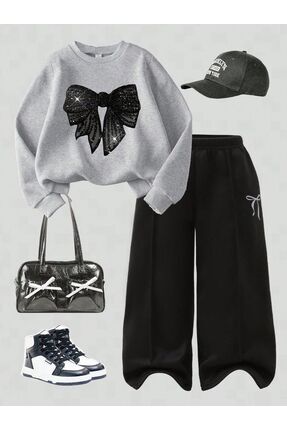 Kids 2li takım gri üst siyah çımalı alt kurdele baskı
