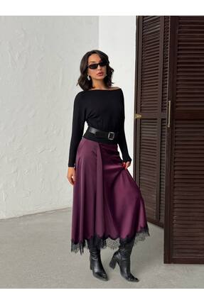 MADAMMERY Eteği Dantelli Drape Detaylı Kalın Saten Şık Etek