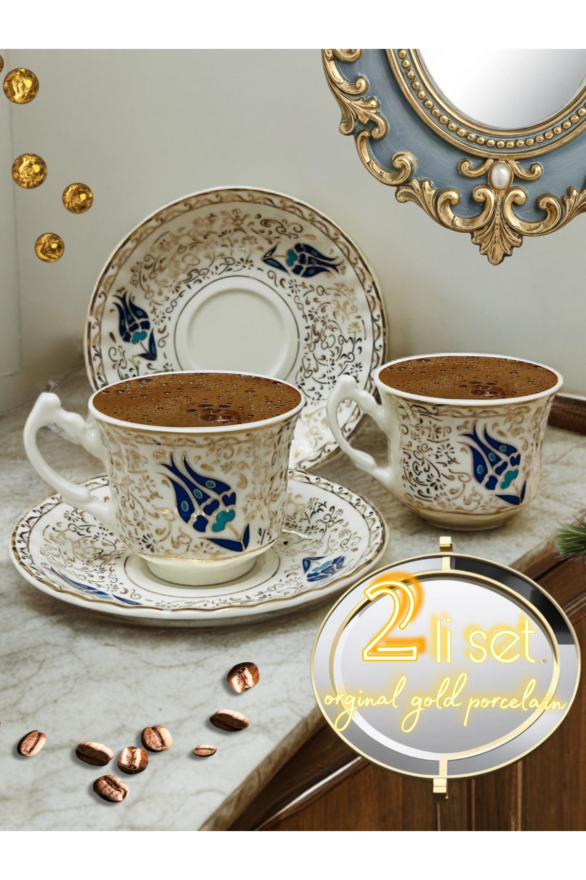 Silk porcelain Two-person Turkish coffee porcelain cup set with gold embroidery and blue tulip motif.
