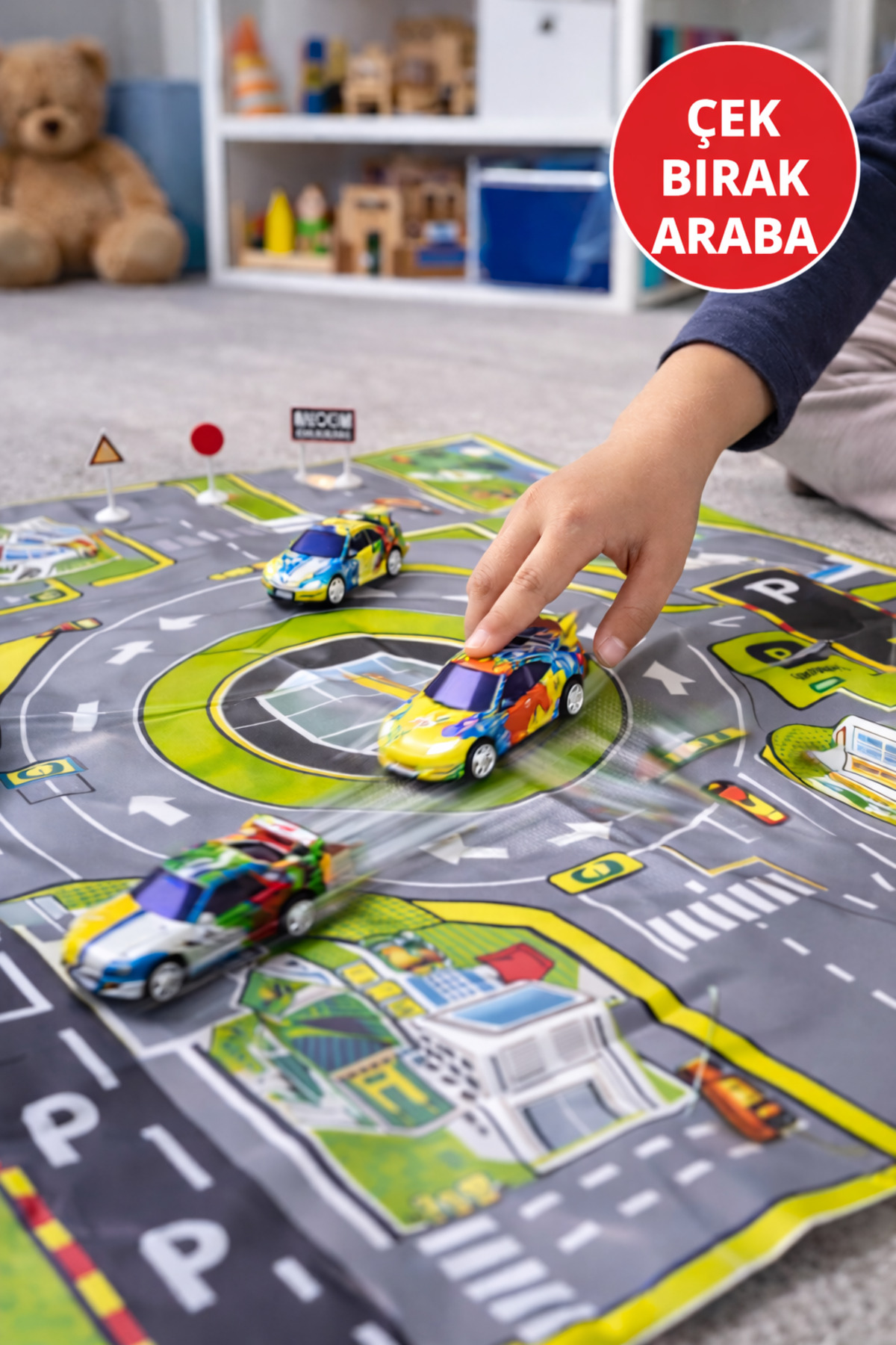 MEDUSHOP Çek Bırak Arabalı Oyun Halısı Seti Trafik Şehir Desenli Çocuk Oyun Matı 3 Araba fotoğrafı 5 (önizleme)