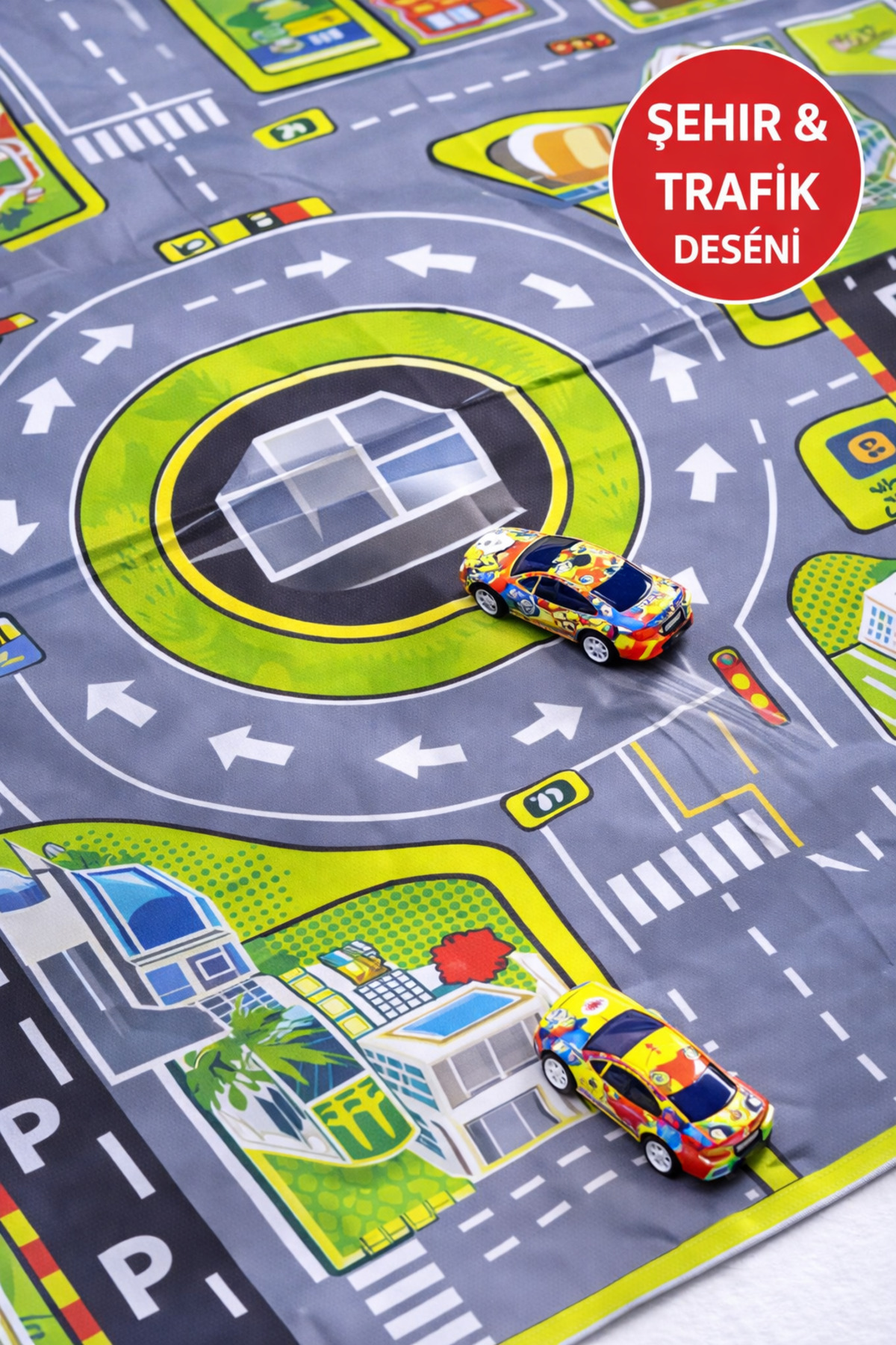 MEDUSHOP Çek Bırak Arabalı Oyun Halısı Seti Trafik Şehir Desenli Çocuk Oyun Matı 3 Araba fotoğrafı 3 (önizleme)