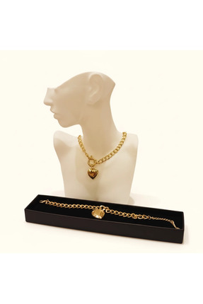 HELİSA ACCESSORİES Altın Kaplama Hacimli Kalp Figürlü Zincir Kolye ve Bilekli...