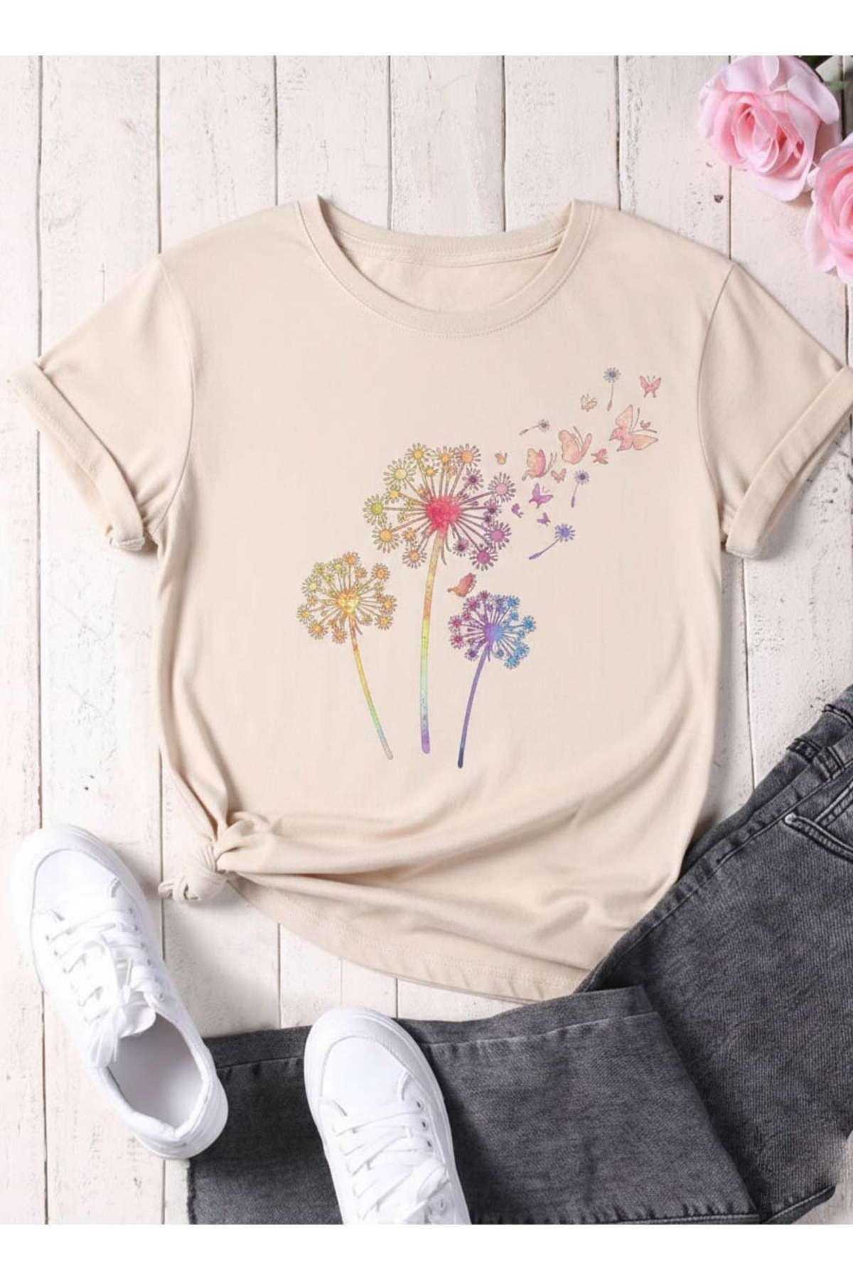 Trend Sizde Unisex bež maslačak Štampano okrugla kragna T-shirt