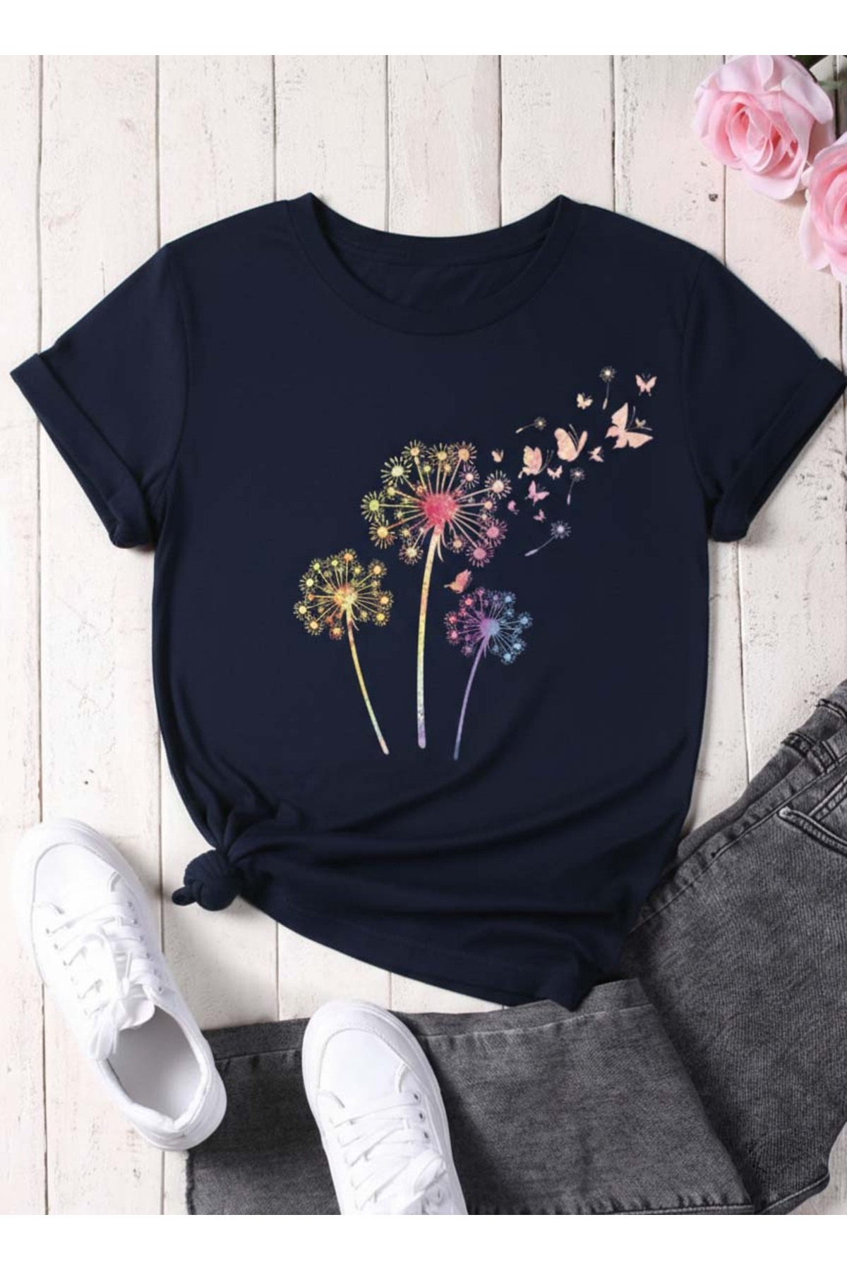 Trend Sizde Unisex tamnoplavi maslačak Štampano okrugla kragna T-shirt
