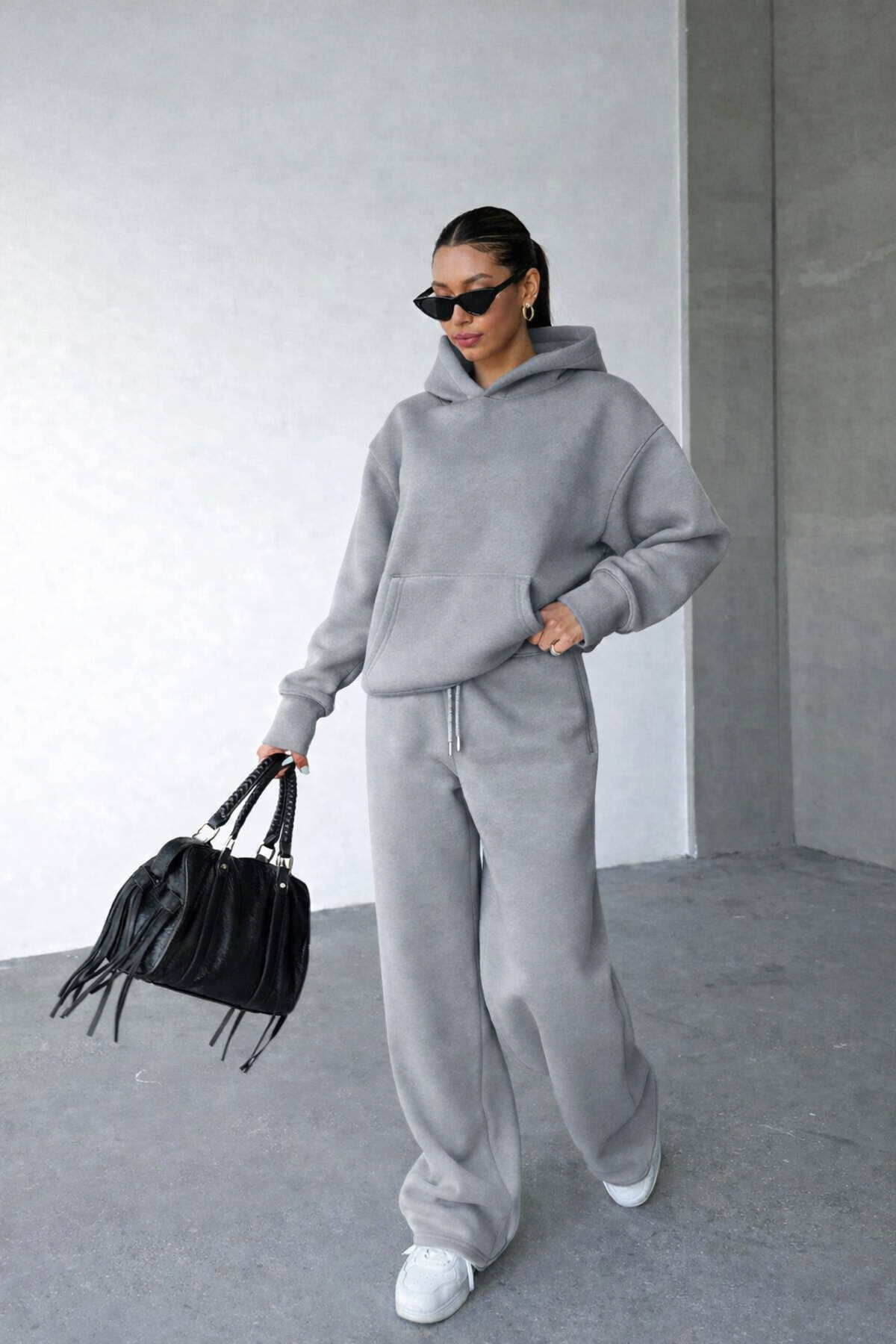 BARLİZ KADIN Baggy Unisex Rahat Ve Spor Kullanıma Uygun Basic Eşofman Takımı — خاکستری BRNSFTK3