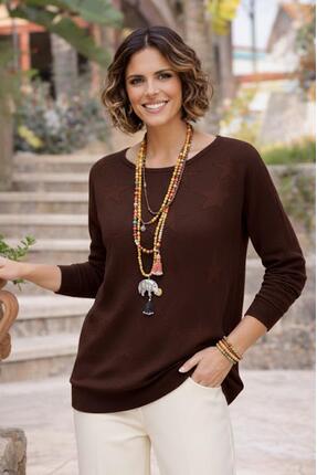 Nevin Kaya Moda Kahverengi Yıldızlı Merserize Bluz