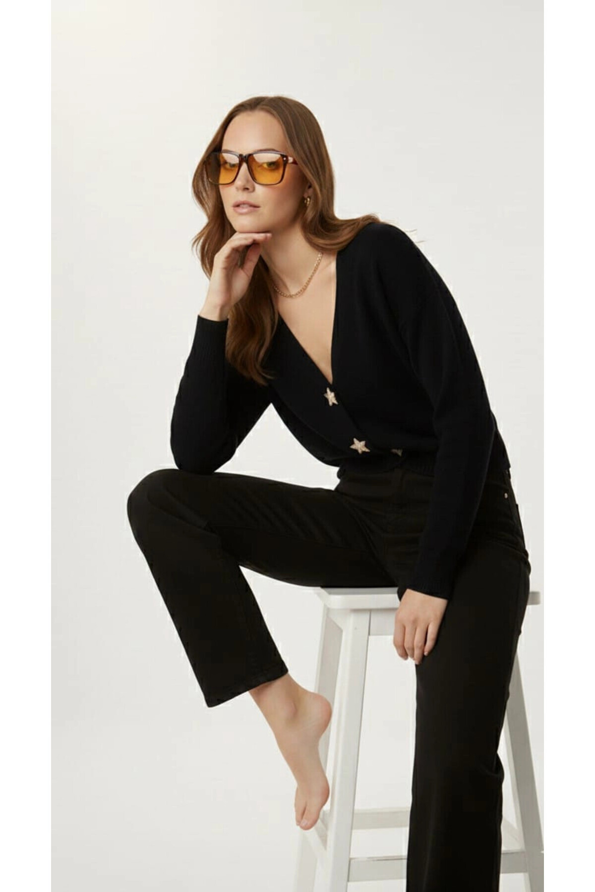 Cool & Sexy  Kadın Yıldız Düğme Detaylı Triko Hırka - Görsel 4