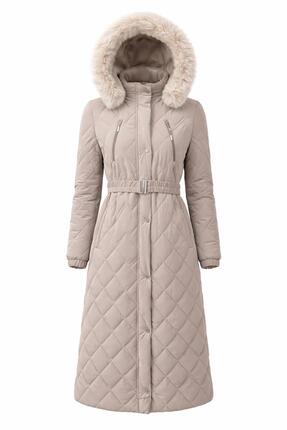 ESİN GİYİM Baklava Desenli Kürk Kapşonlu Kemerli Uzun Şişme Mont