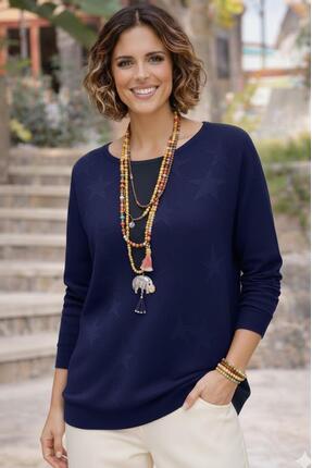 Nevin Kaya Moda Lacivert Yıldızlı Merserize Bluz