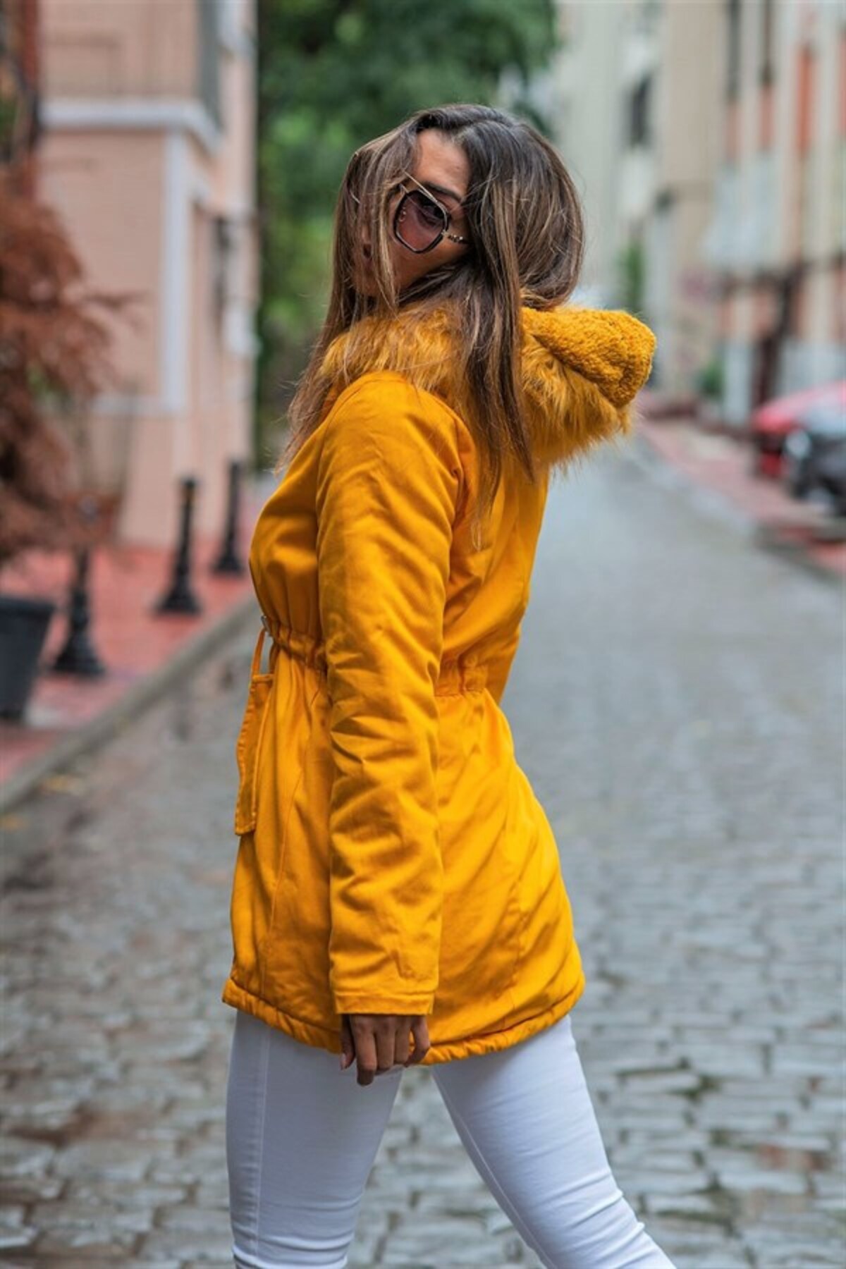 Genel Markalar Hardal Kapüşonu Kürklü İçi Kürklü Gabardin Mont görsel 8