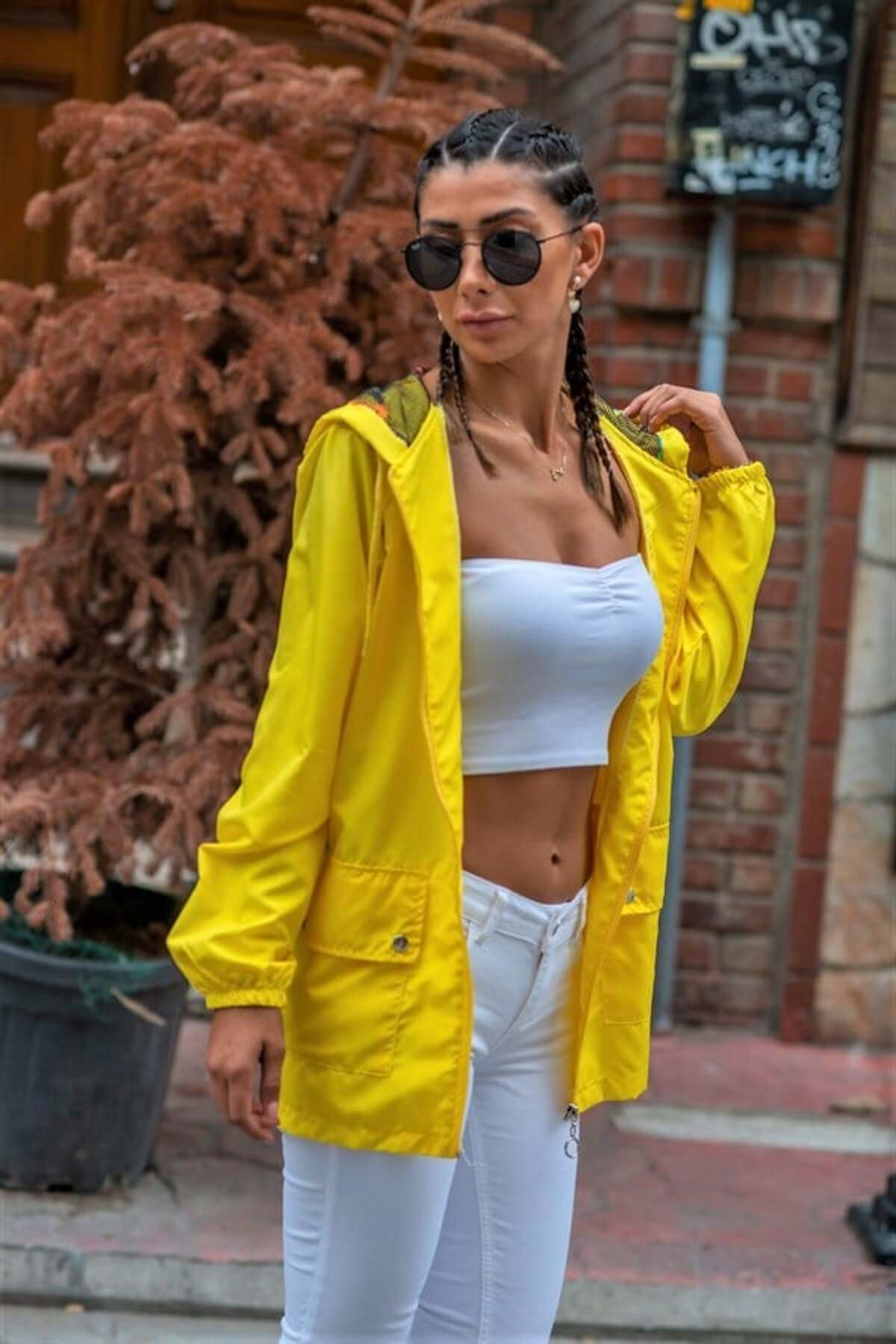 Genel Markalar Sarı Yıldız Kapüşonlu Cepli İnce Yağmurluk görsel 8