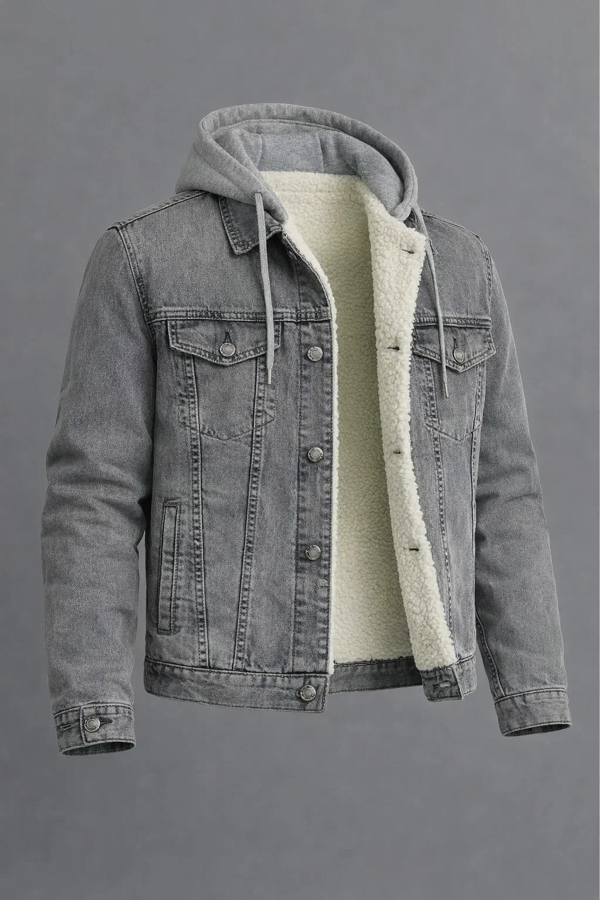 DAMGA JEANS Erkek Kürklü Oversize Gri Kapşonlu Kot Mont