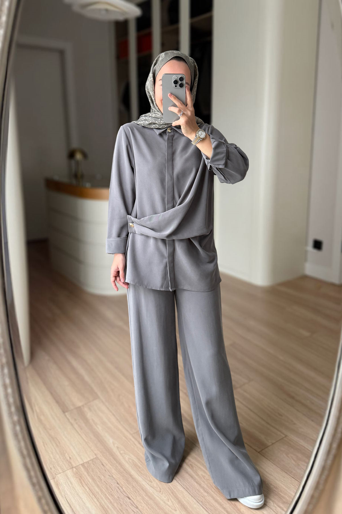 Ka Hijab Lacing Detailed Suit - Gray