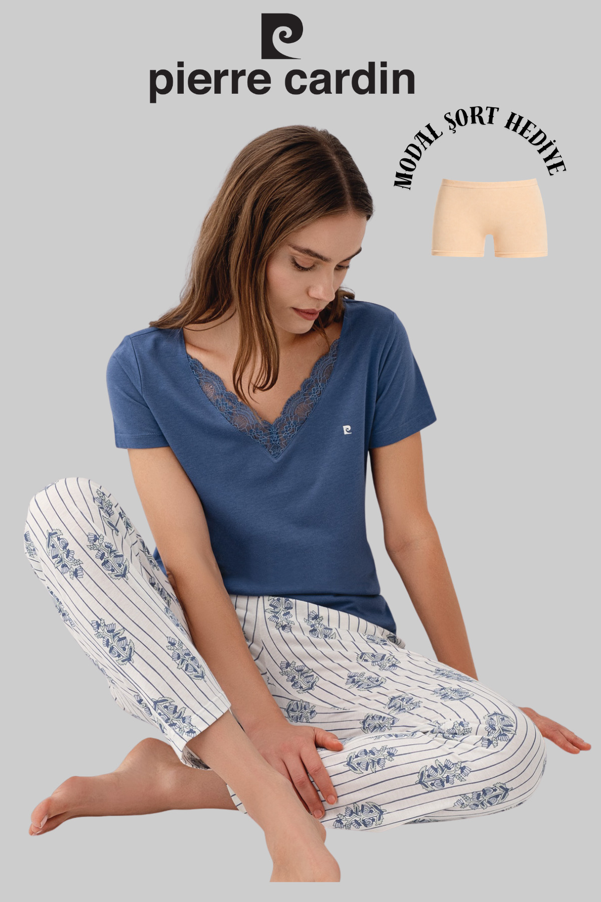 Pierre Cardin Set De Pijamale De Damă, Albastru, Cu Decolteu În V Și Detalii Din Dantelă (cu Pantaloni Scurți Modal, Cadou) Femeie - XL