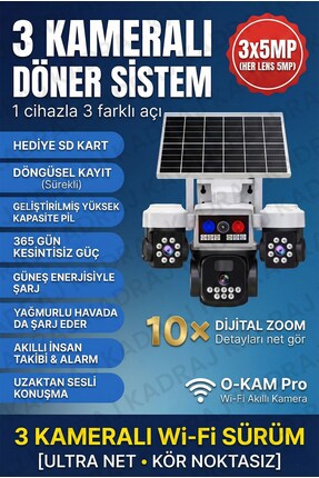 Kadraj Solar Panelli + WIFI Kamera, Dahili Batarya , 3 LENS, Polis Çakarı, Se...