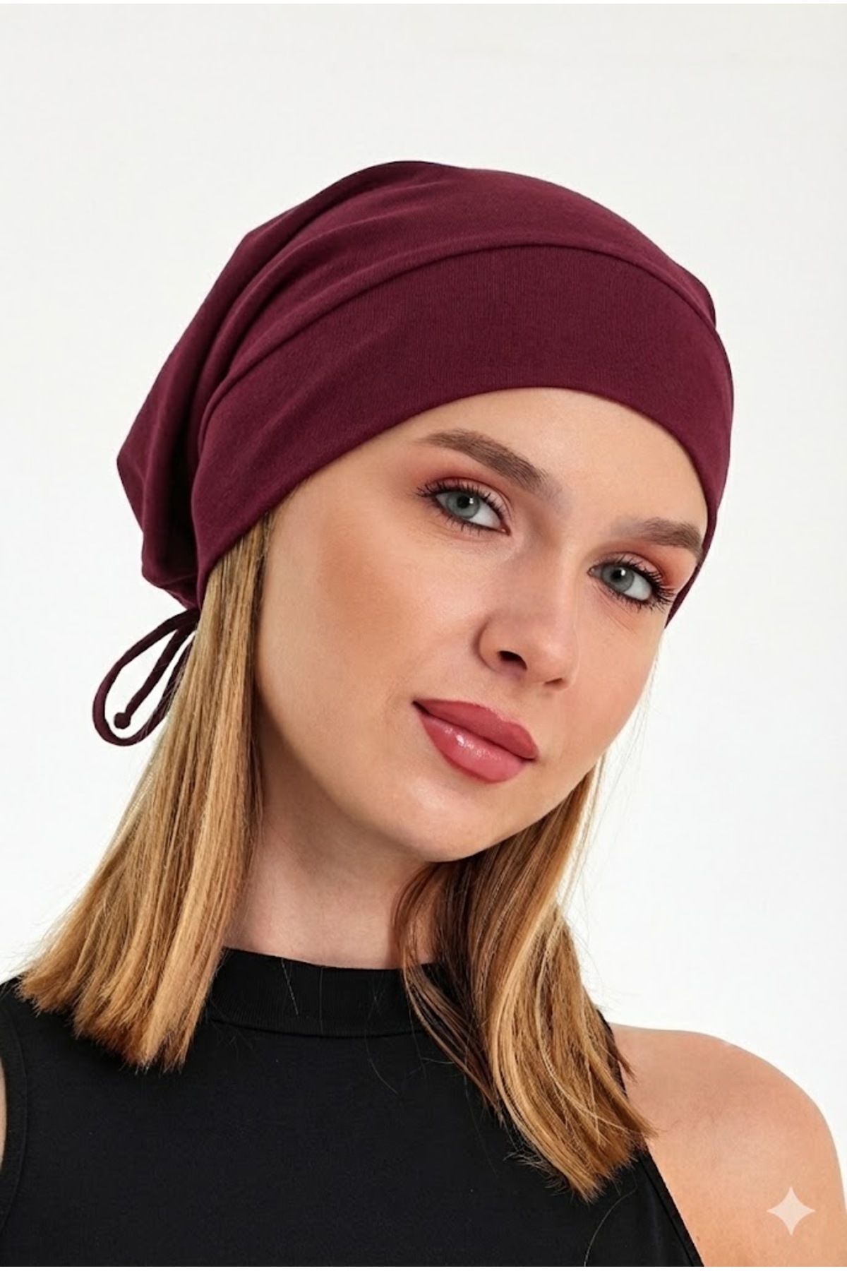 Butikgiz  Kadın Bordo, Ip Detaylı Özel Tasarım 4 Mevsim Şapka Bere Buff -ultra Yumuşak Doğal Penye Kumaş - Görsel 3