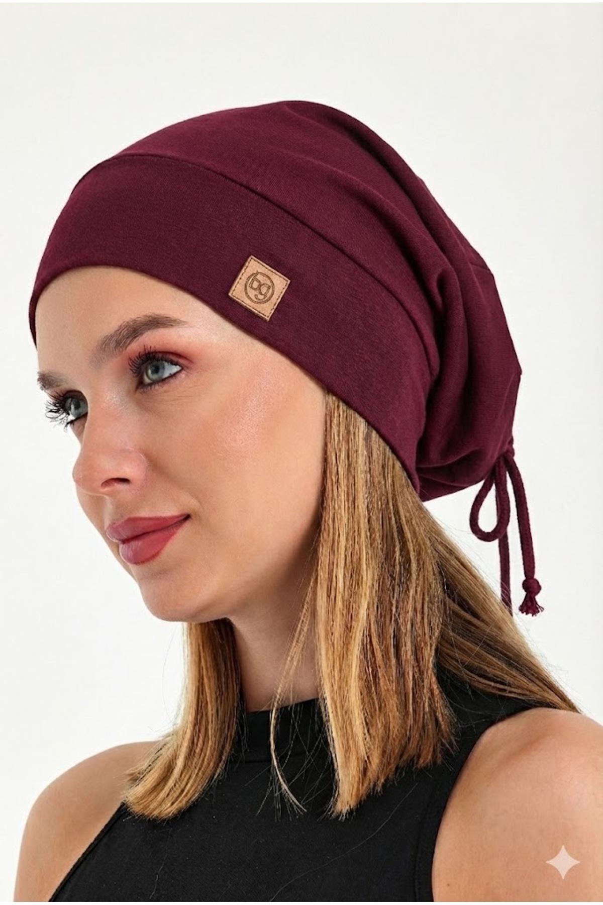 Butikgiz  Kadın Bordo, Ip Detaylı Özel Tasarım 4 Mevsim Şapka Bere Buff -ultra Yumuşak Doğal Penye Kumaş - Görsel 2