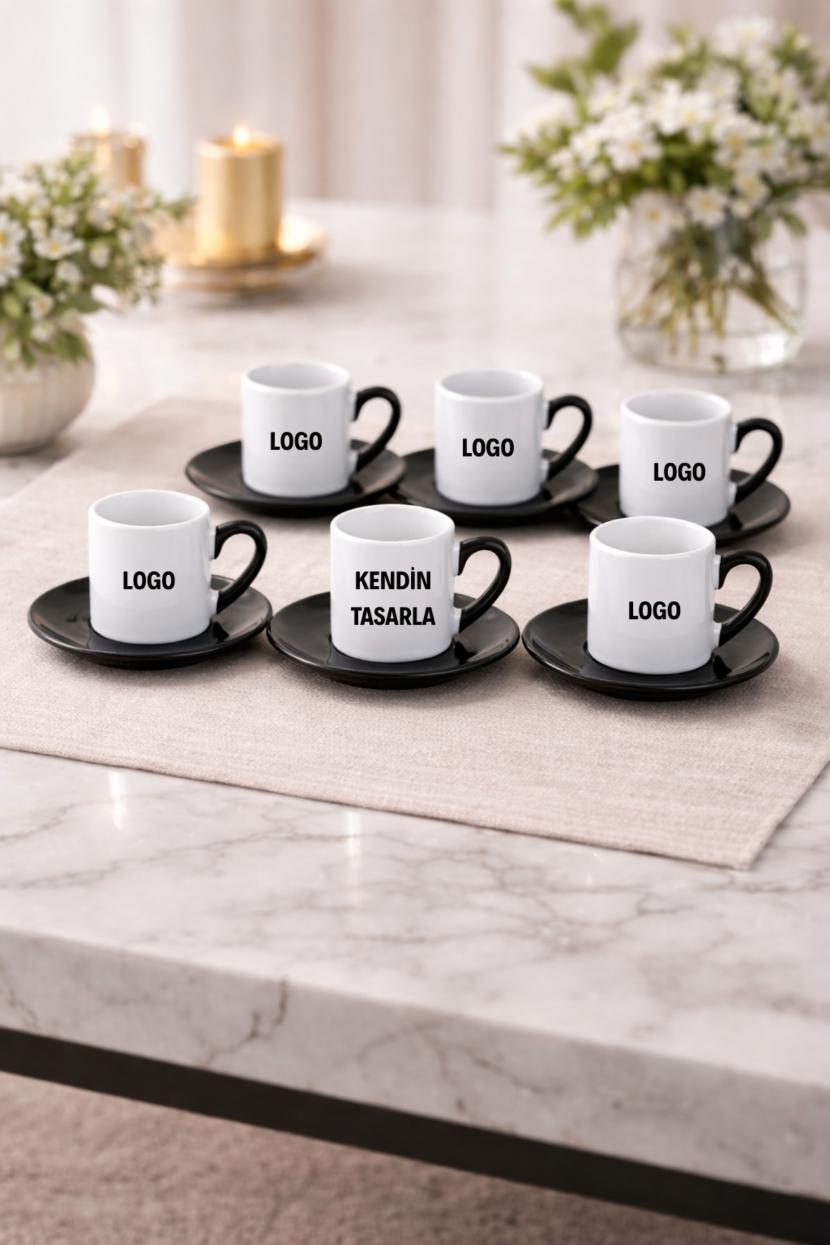Turkish Coffee Cup Set with Personalized Logo – 6-Piece Set with Black Handle & Plate | Corporate Promotion