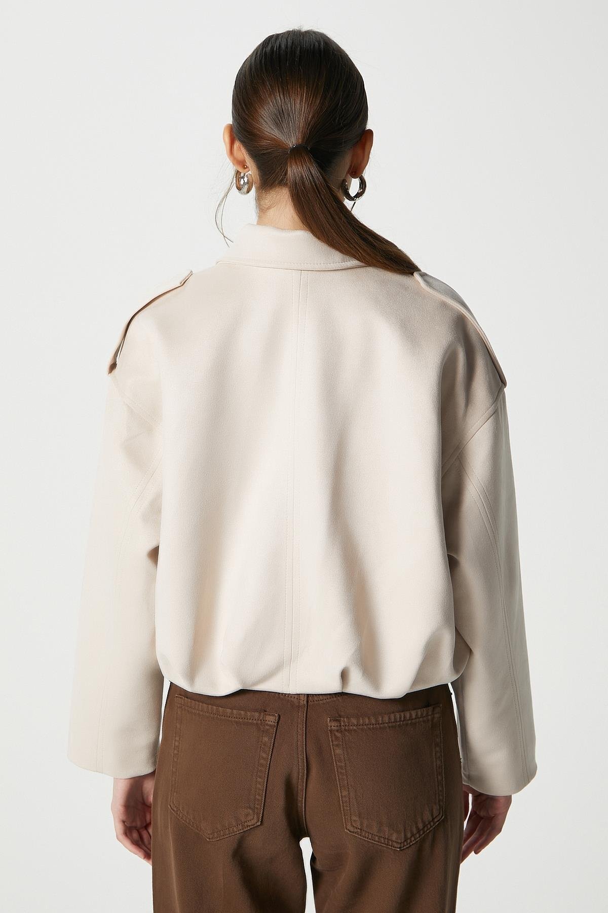 ESLENTA  Oversize Kadın Bomber Süet Deri Ceket - Görsel 4