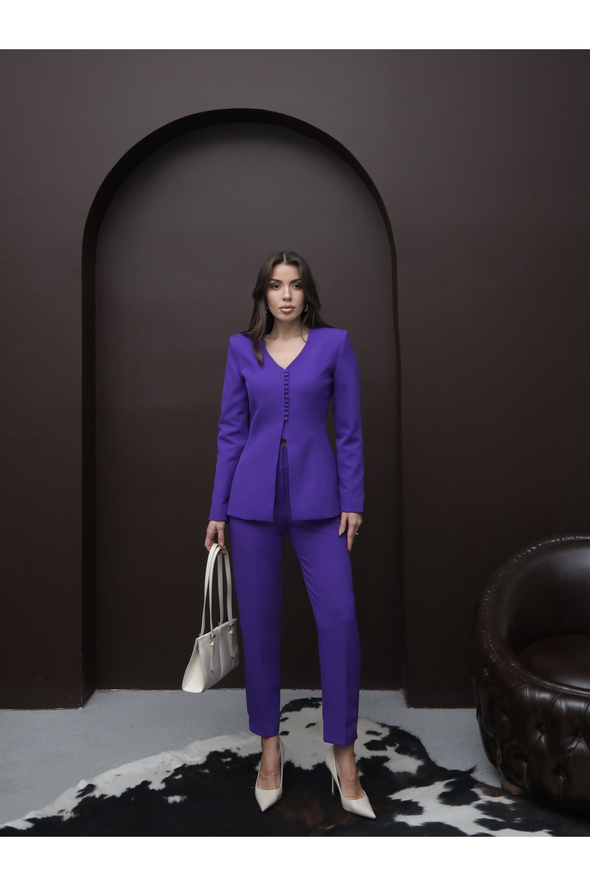 Lina V-Neck Jacket Narrow Leg Pants Set Purple