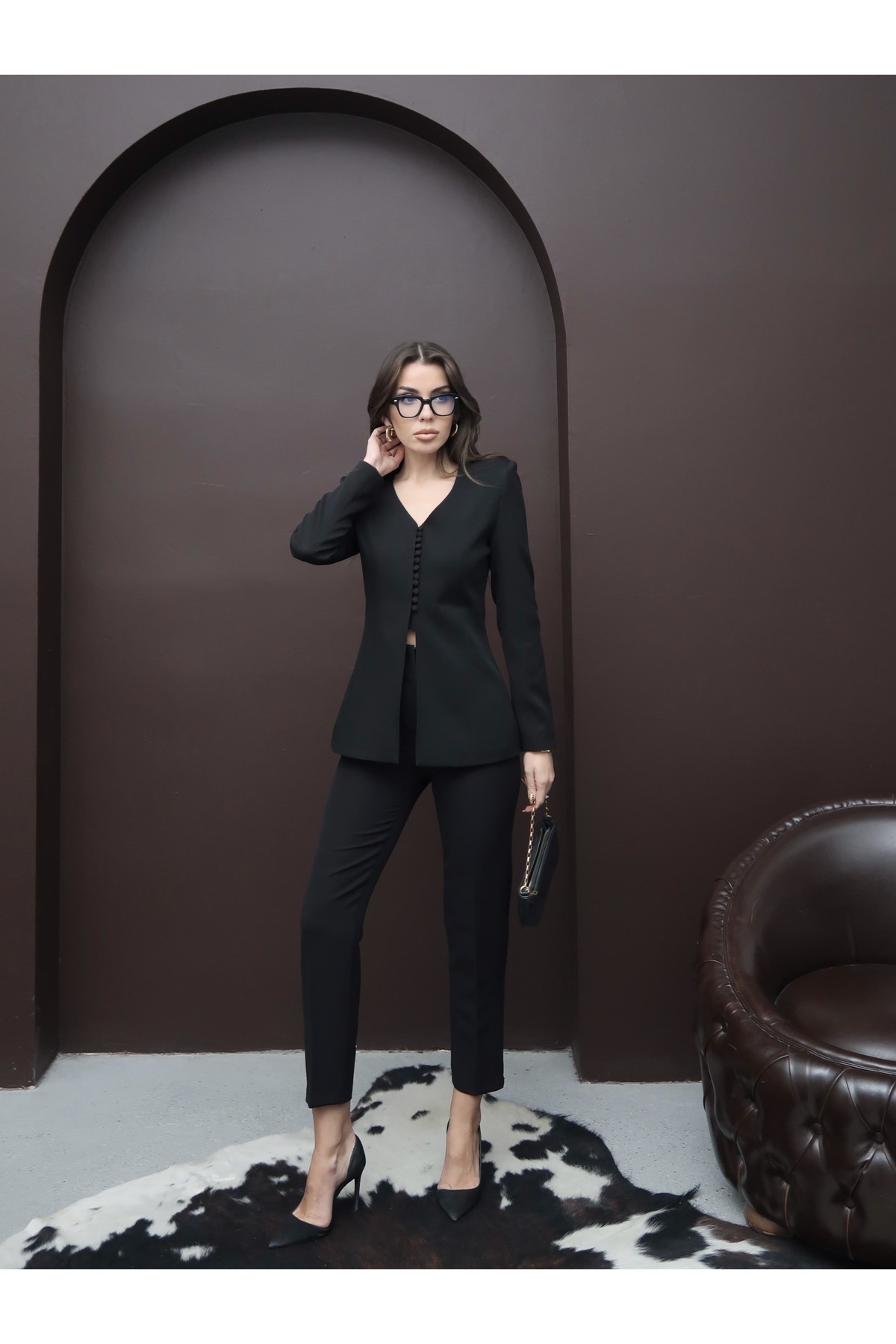 Lina V-Neck Jacket Narrow Leg Pants Set Black
