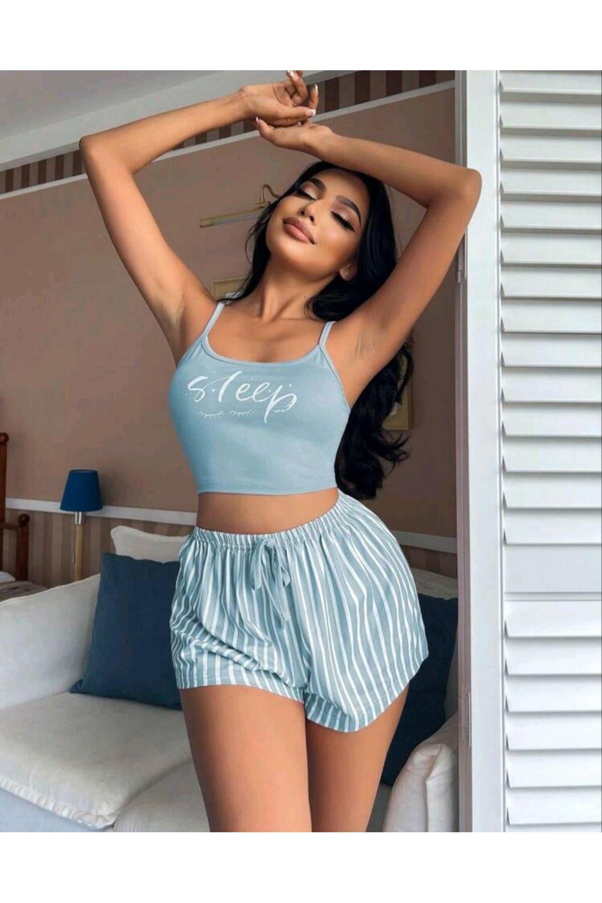 Dua Giyim Kadın Mavi Çizgili Desenli Askılı Şortlu Pijama Takım 5001