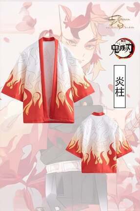 Karakedi Flayer Beyaz Anime Demon Slayer Kyojuro Rengoku Unisex Kimono