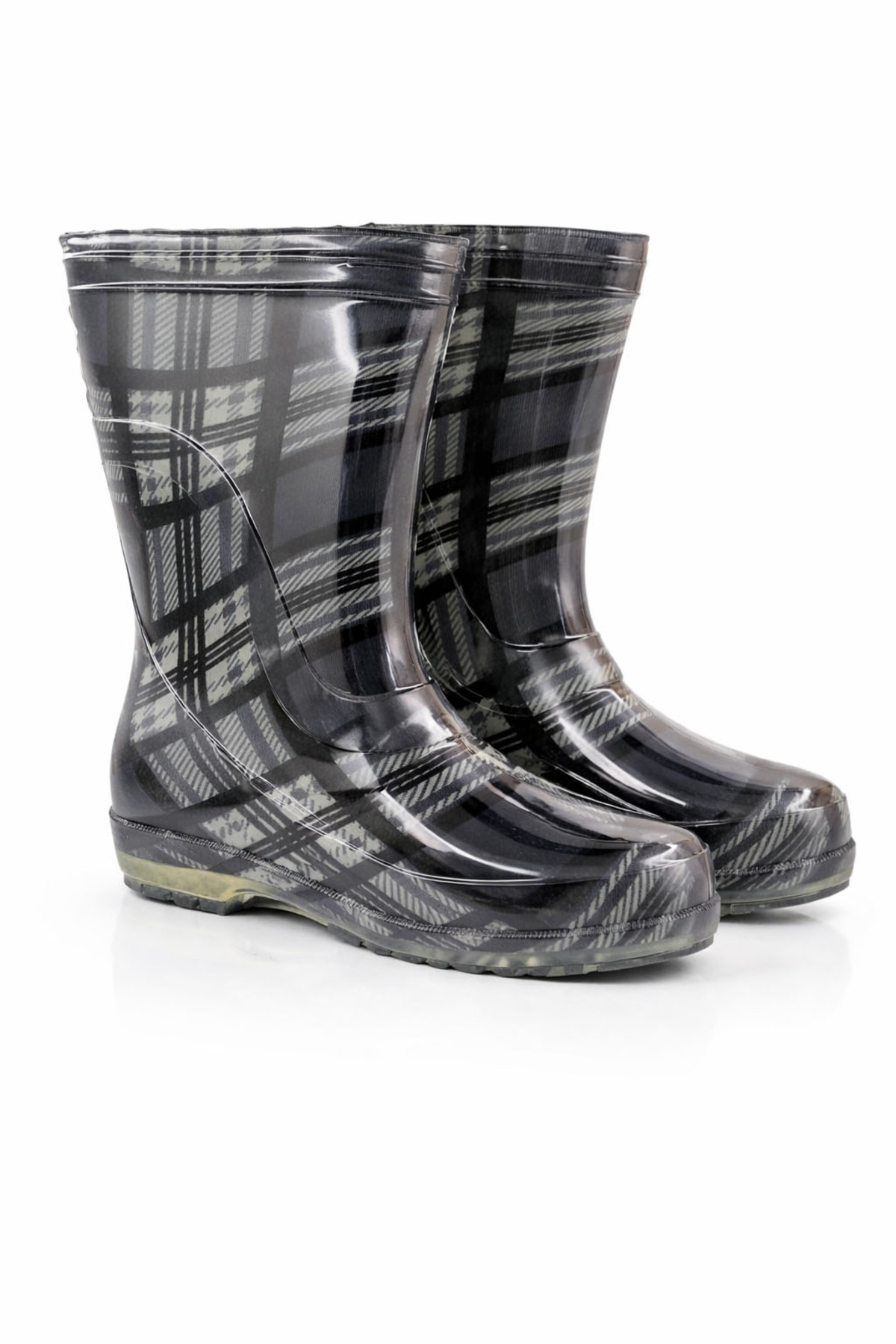 fafatara  Unisex Gri Ekose Desenli Su Geçirmez Yağmur ve Bahçe Çizmesi – Kaymaz Tabanlı PVC Bot - Görsel 2