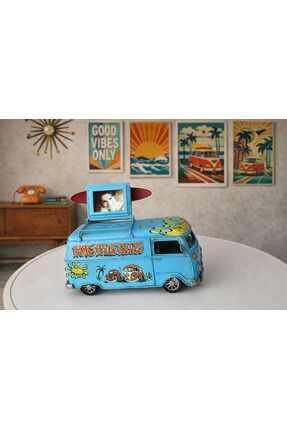 VALENZA STORE Dekoratif Mavi Metal Minibüs Çerçeveli ve Kumbaralı