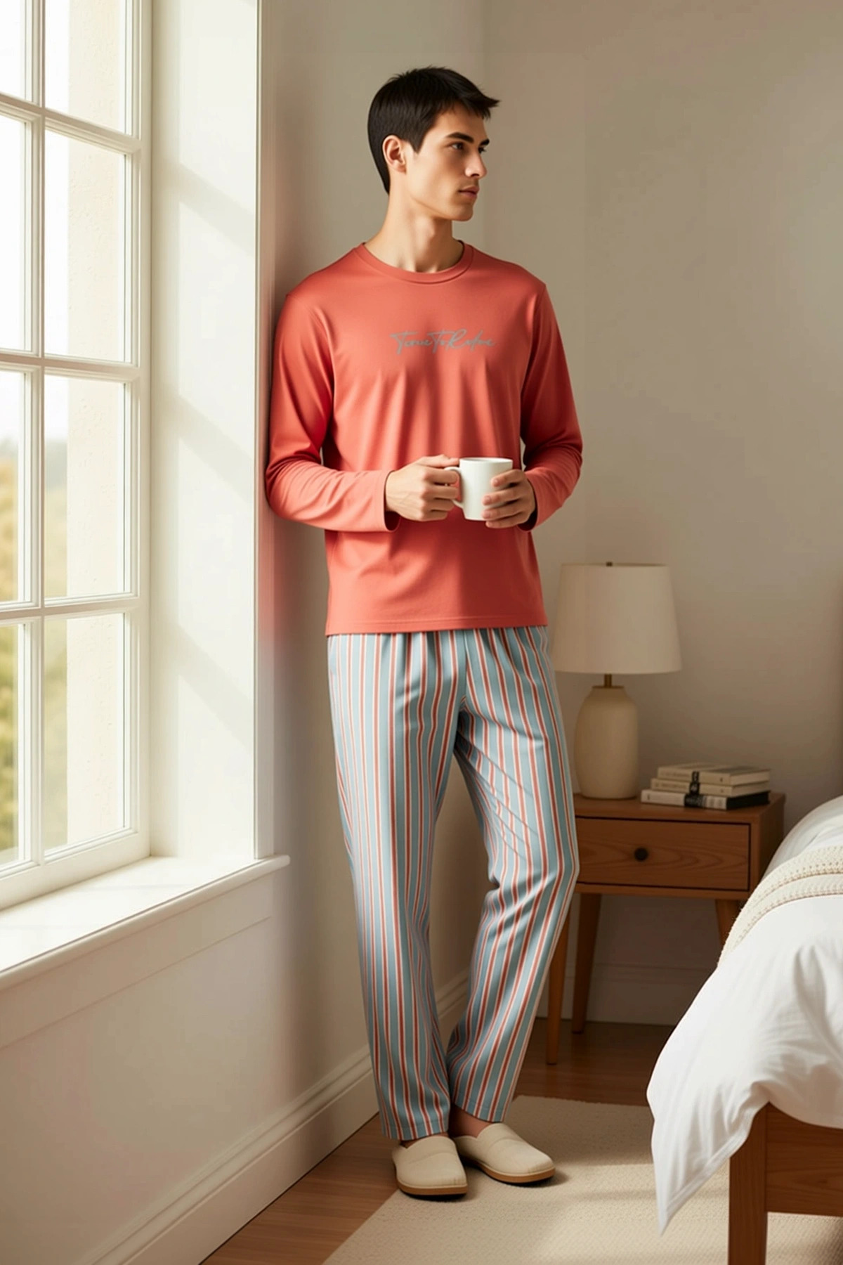 Erkek Bisiklet Yaka Standart Kol Uzun Kol Regular Kalıp Çizgili Örme Pijama Takımı Estetik