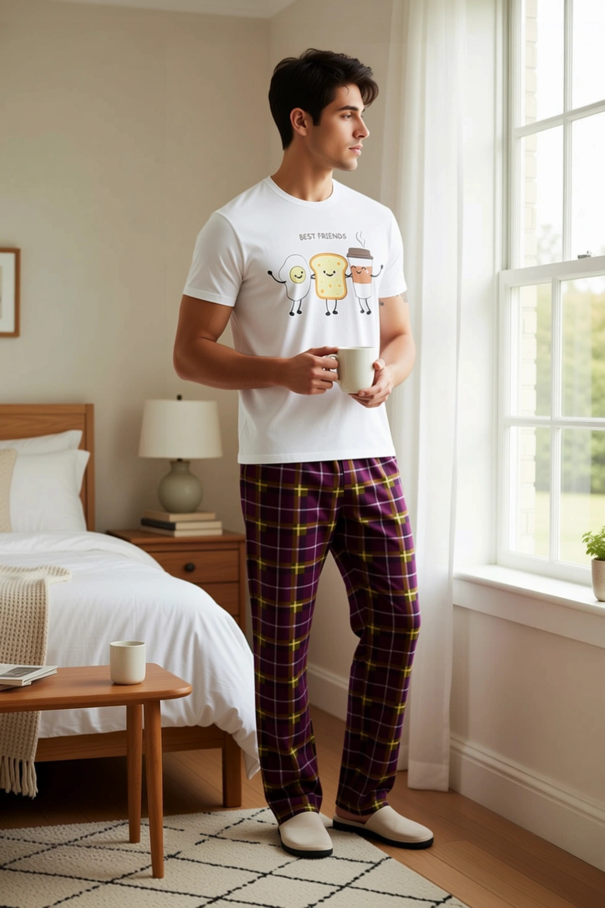 Erkek Bisiklet Yaka Kısa Kol Regular Kalıp Ekose Baskılı Pijama Takımı