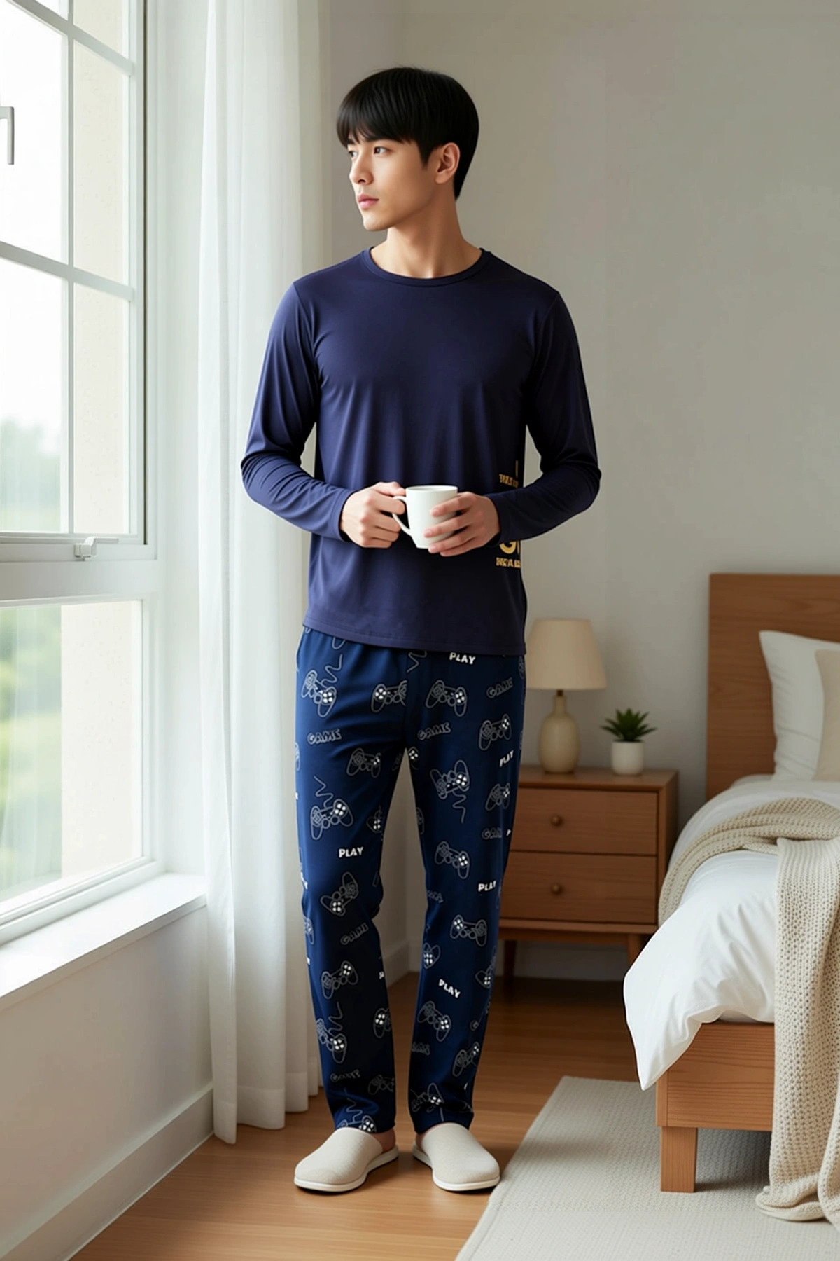 Erkek Bisiklet Yaka Standart Kol Regular Fit Baskılı Örme Pijama Takımı Estetik %100 Pamuk