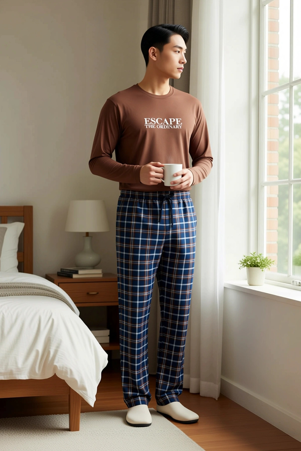 Erkek Bisiklet Yaka Standart Kol Uzun Kollu Sweatshirt Boru Paça Pantolon Ekose Desenli Örme Pijama