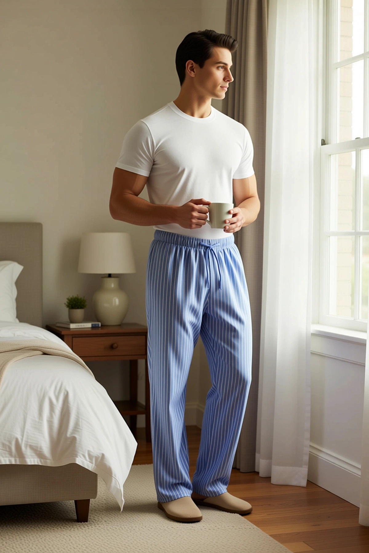 Erkek Bisiklet Yaka Standart Kol Regular Fit Çizgili Pijama Takımı Fonksiyonel Dayanıklı Şık