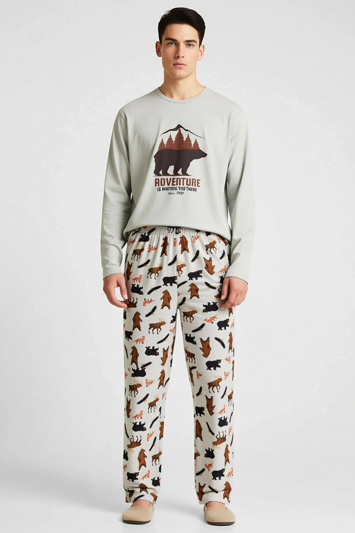 Erkek Bisiklet Yaka Uzun Kol Regular Kalıp Desenli Örme Pijama Takımı